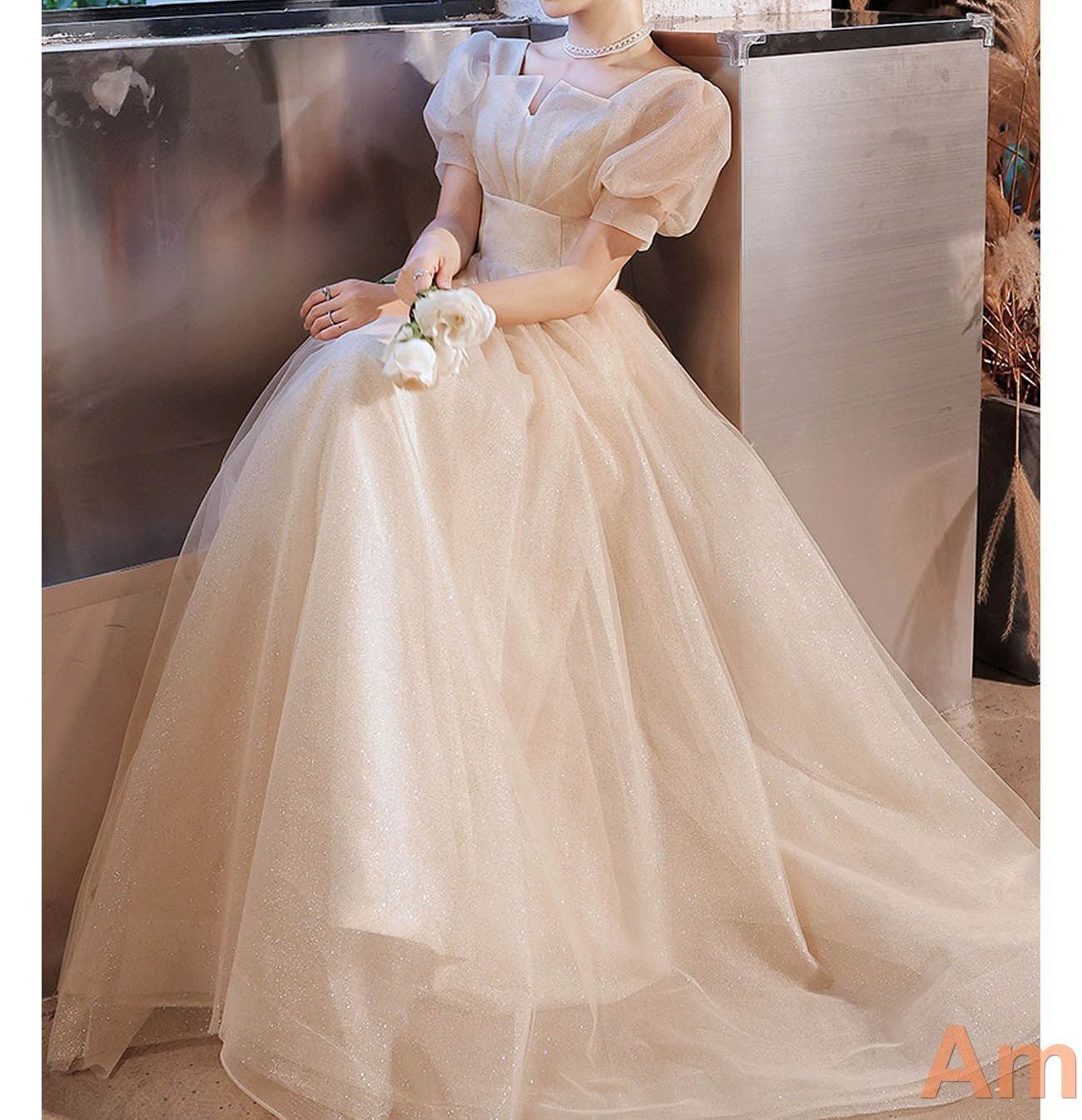 カラードレス Aラインドレス ロングドレス ワインレッド サテン 半袖