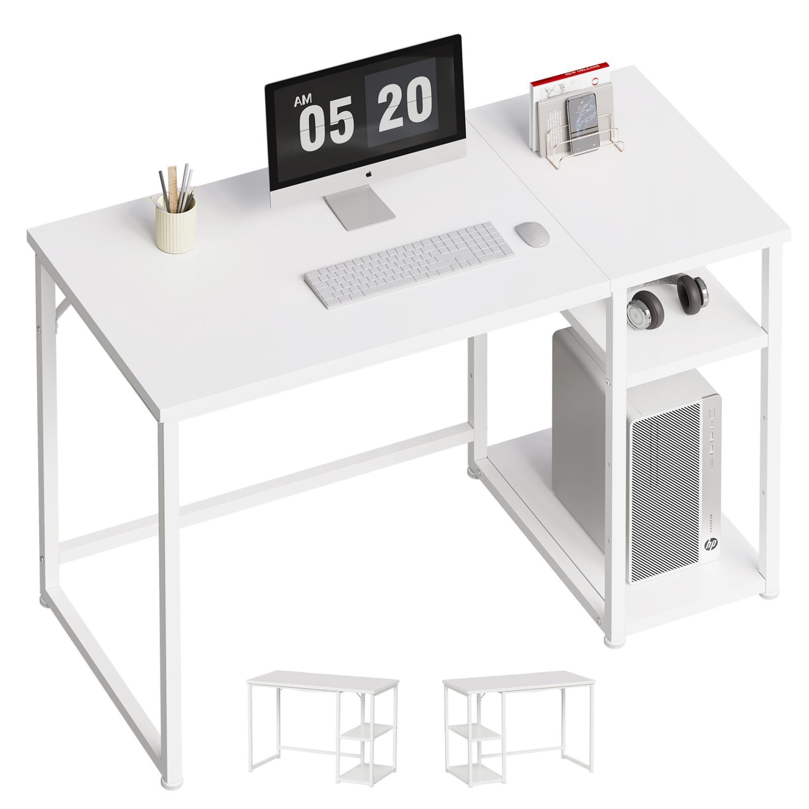 パソコンデスク 机 pcデスク ゲーミングデスク 白 ワークデスク テーブル 一人暮らし 家具 パソコンラック 学習机 収納ローテーブル 100 ラック付きデスク 幅100*奥行48cm 白い SZ121BS スチールウッド簡易棚付きデスク ホワイト