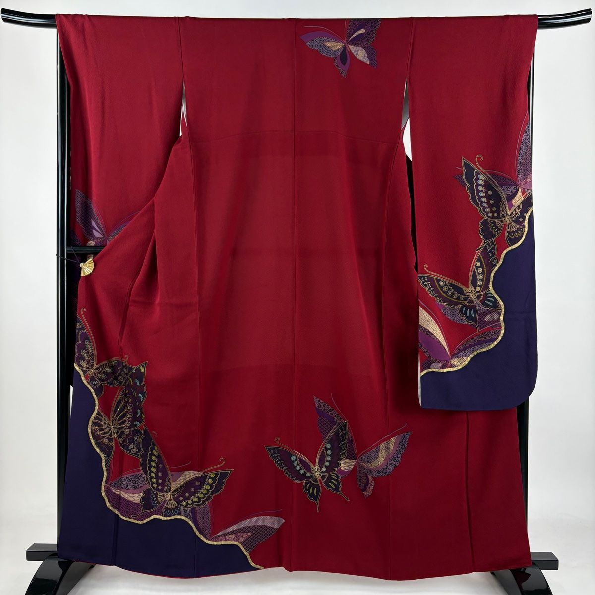 振袖 身丈162cm 裄丈67.5cm L 袷 蝶 草花 箔 金彩 えんじ色 正絹 秀品