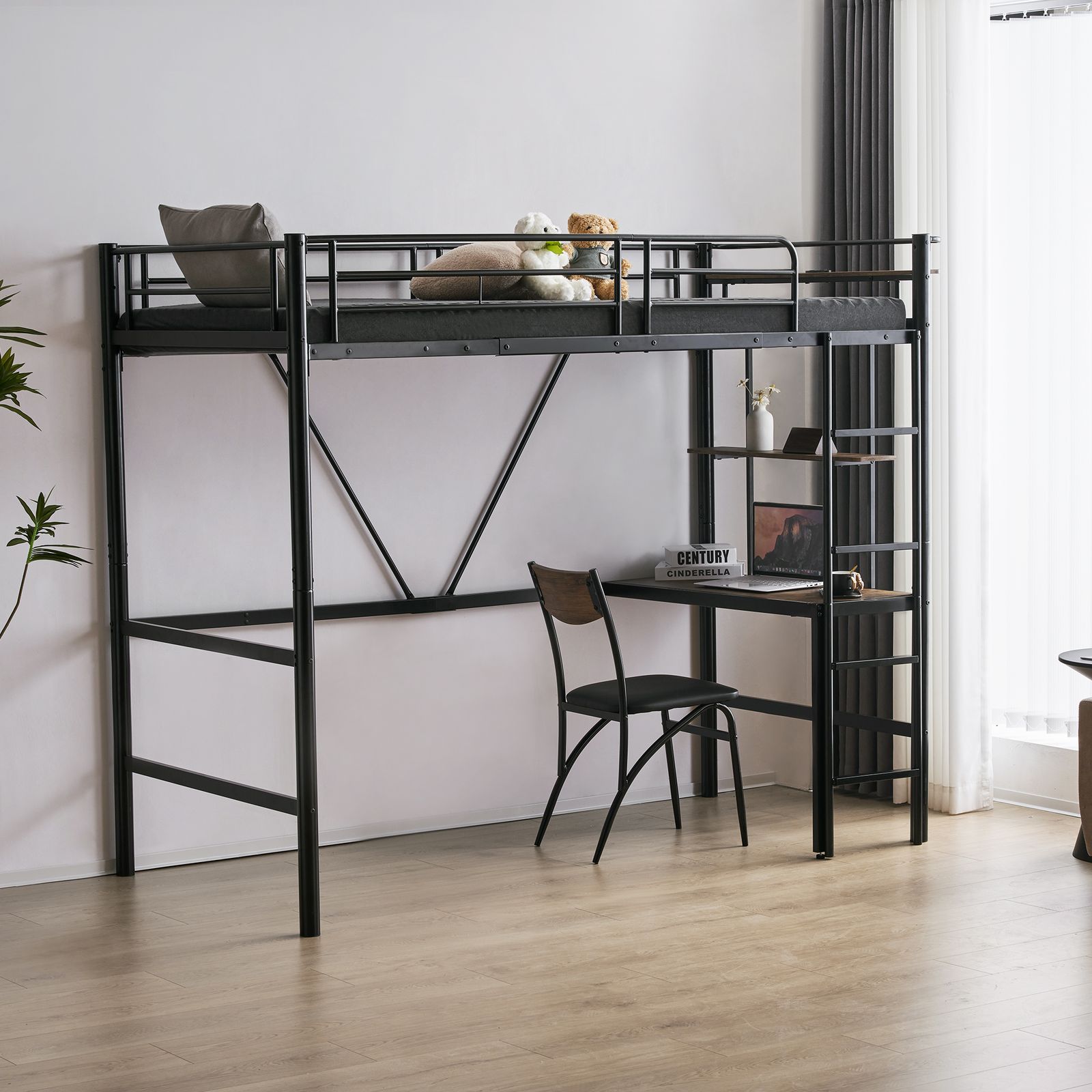 10%割 ロフトベッド パイプベッド シングル ロフトベッド机付き パイプベッド シングル 木 デスク付き コンセント付き 耐荷重150kg 高さ170cm 収納棚 ロフトベッド ハイタイプ はしご付き 北欧風 子供部屋 送料無料