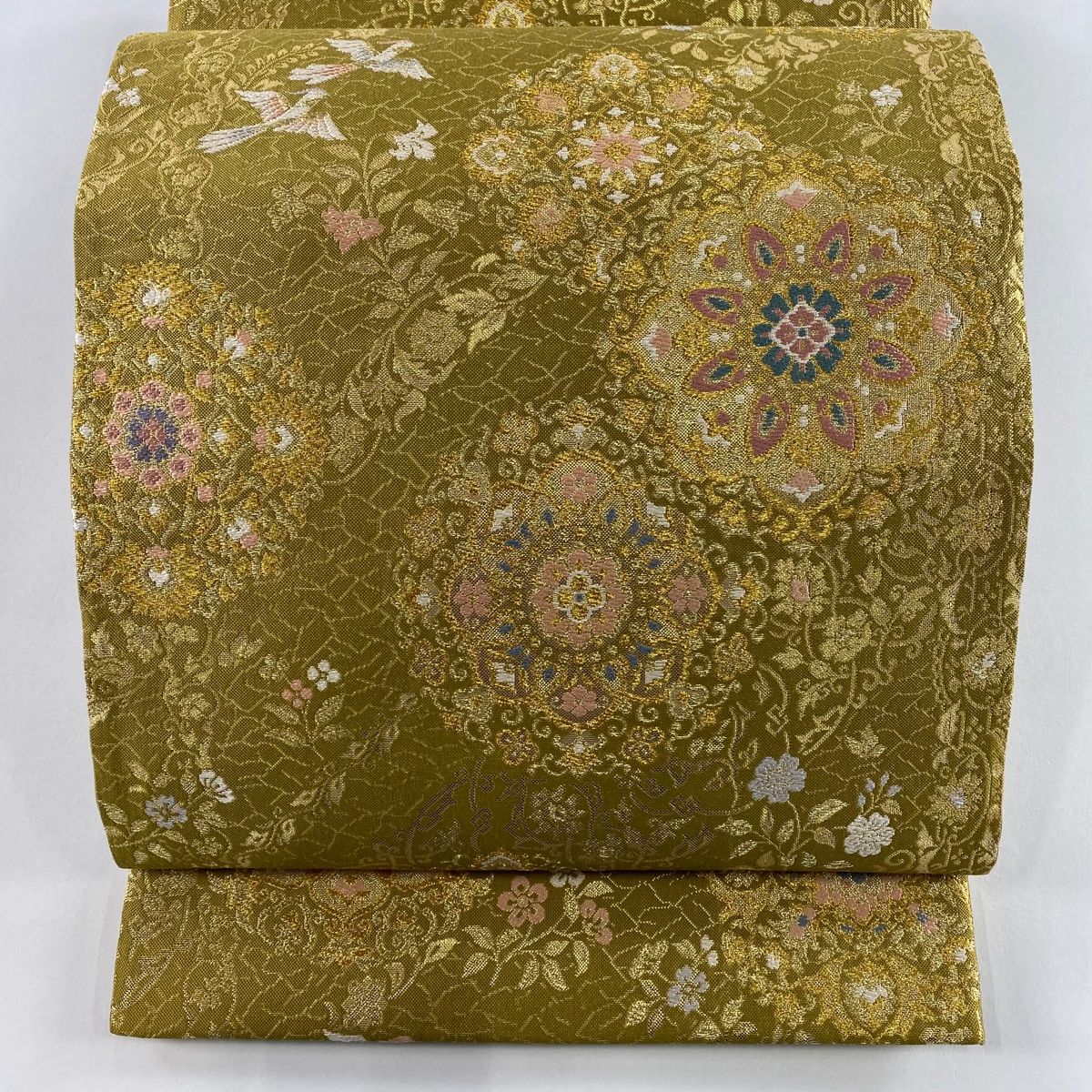 袋帯 秀品 華文 花鳥 金糸 箔 山吹茶色 六通 正絹