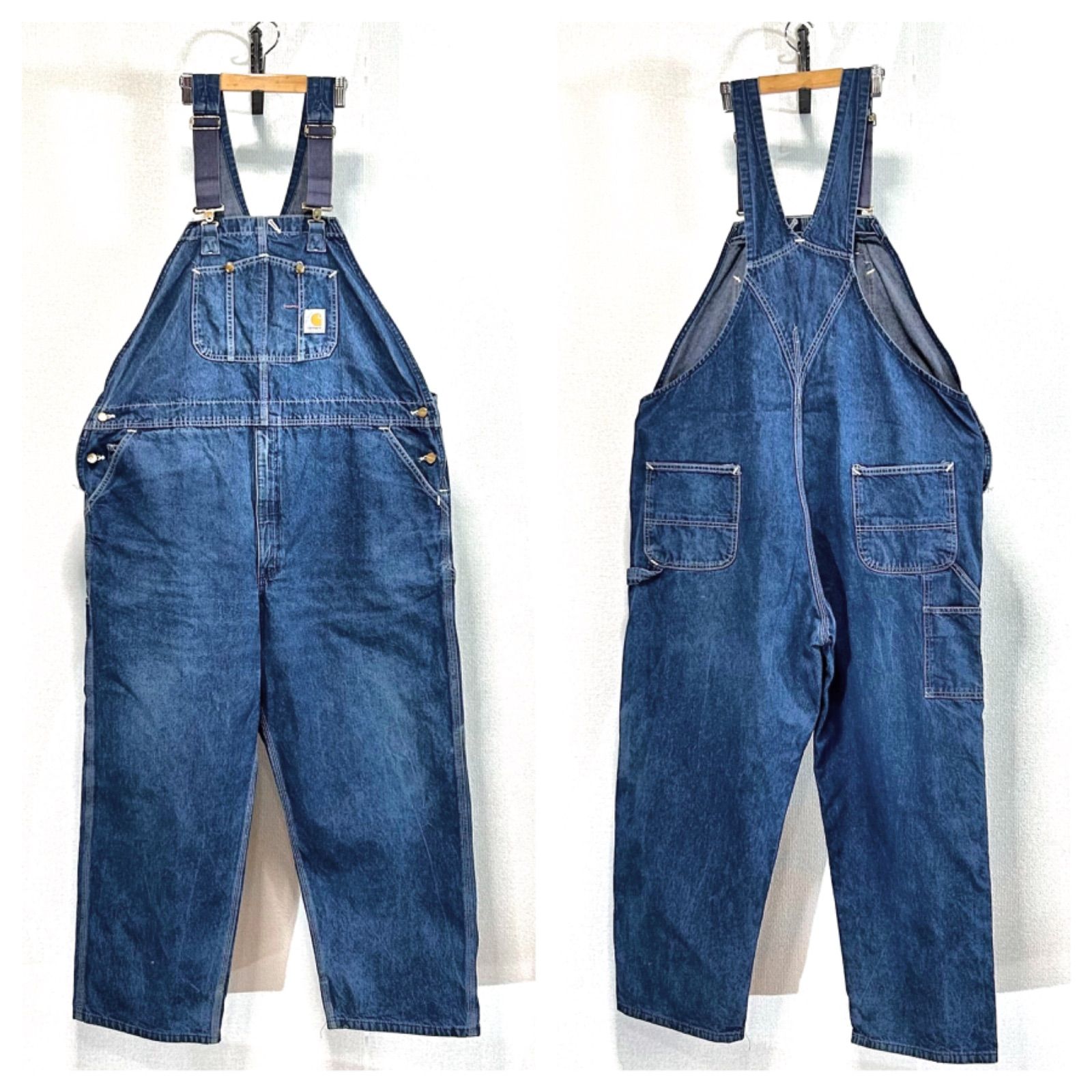 カーハート デニムオーバーオール大ペインターパンツロゴ極太レアw48アメリカ古着 carhartt - カーハートデニムオーバーオールペインターパンツw48