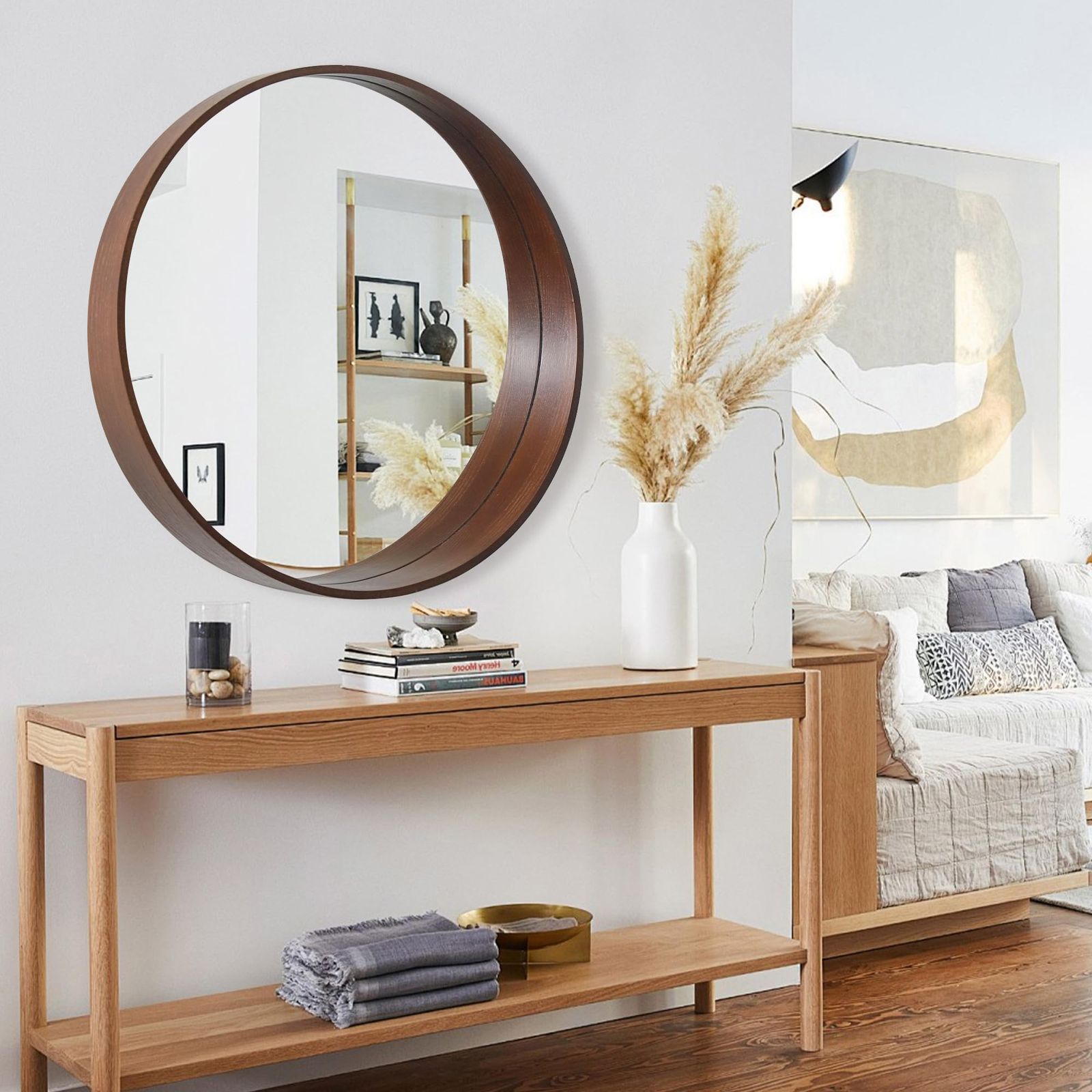 天然木フレーム 丸鏡 ウォールミラー 円形ミラー 丸型ミラー 飛散防止 鏡 洗面 木製 玄関 壁掛け鏡 化粧 壁掛けミラー ブラウン Browgrow 直径40cm