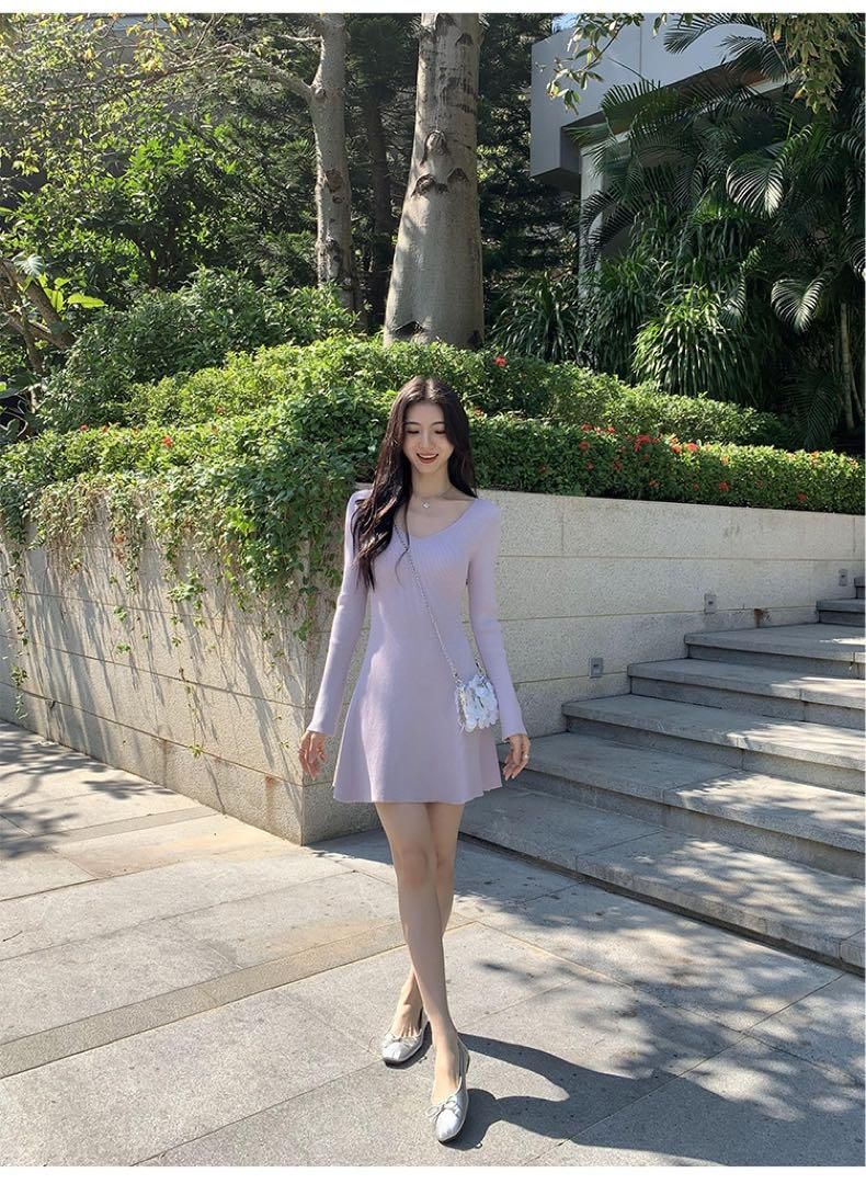 ♥ レディースVネックニットミニドレス 春可愛いお出かけ用ワンピース