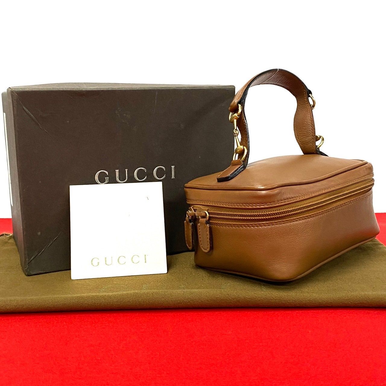 極 美品 箱付き GUCCI グッチ ホースビット 金具 レザー 本革 ハンドバッグ バニティバッグ 化粧 ポーチ ブラウン レディース 76654  - メルカリ