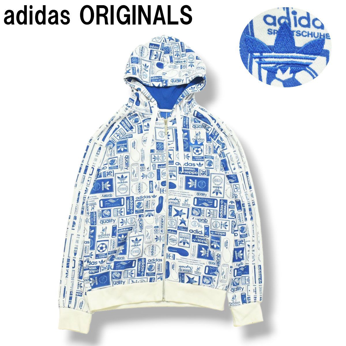 【総柄】 アディダス オリジナルス adidas ORIGINALS ジップ パーカー M ブルー x ホワイト ロゴ プリント メンズ