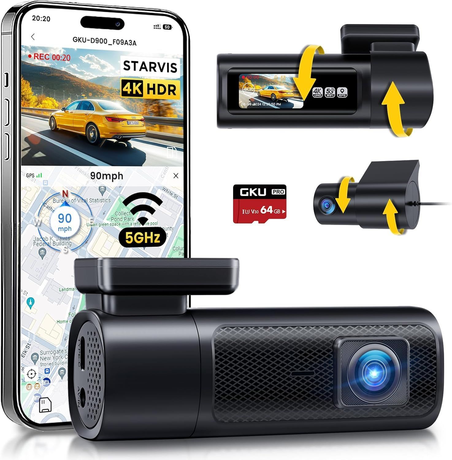 前後ドライブレコーダー ゼンゴ 小型 800万画素 携帯連携 GPS搭載 360° 回転 LED信号機対応 ノイズ対策済 HDR超強暗視 2.4G|5G WiFi対応