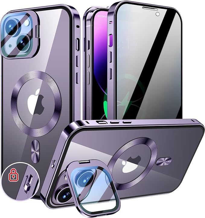 【在庫処分】KELLCASE【カメラレンズ保護・スタンド+覗き見防止+MagSafe対応 】iPhone 14 用 ケース 全面保護 隠しスタンド付き ロック付き 両面 マグネット式 アイフォン 14 カバー ストラップホール付き透明背面 メタルフレー