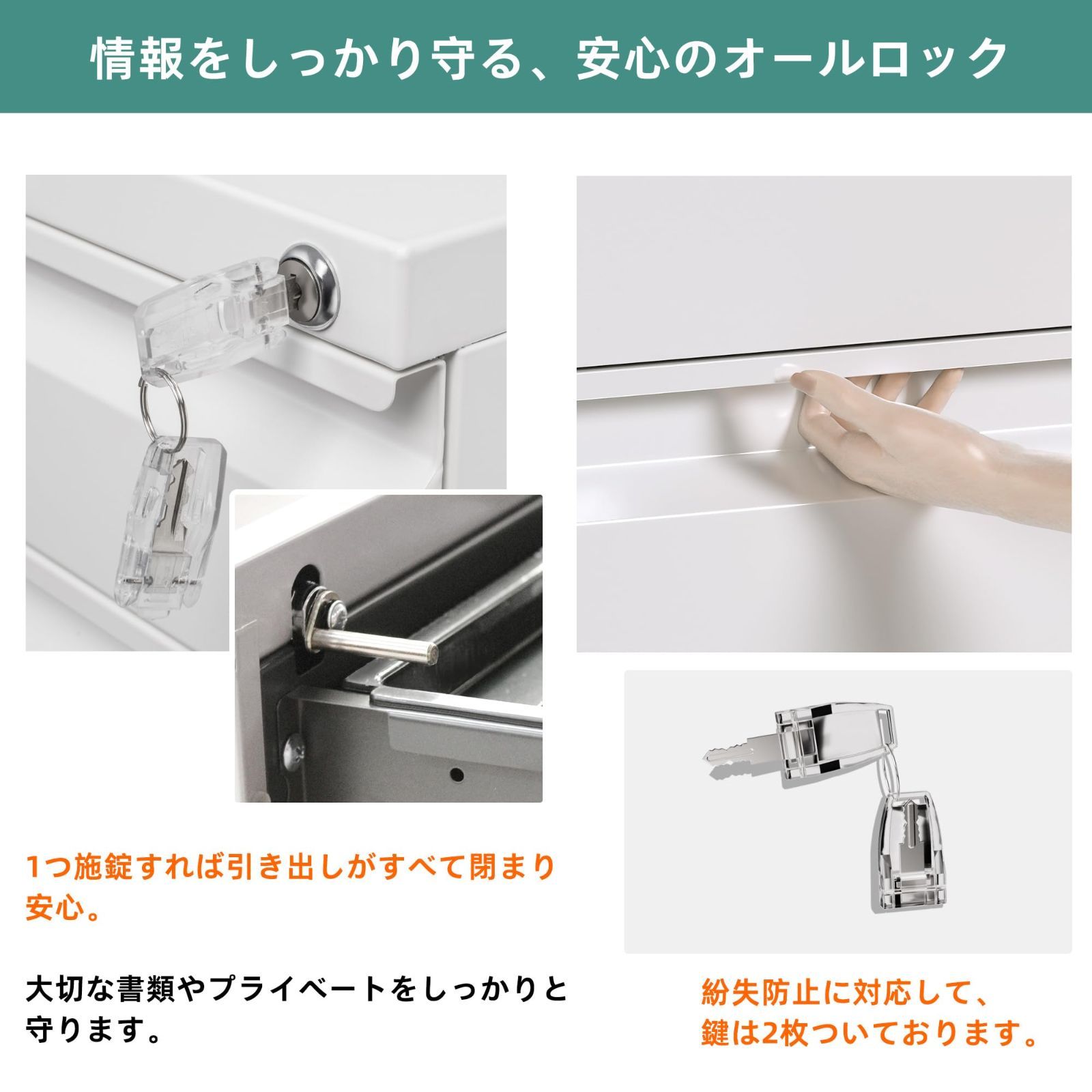 新着商品 サイドワゴン 鍵付きキャビネット袖机 キャスター付き GangMeiデスクワゴン 3段オールロック 幅390 奥行500 高さ600mm丈夫なスチール製 サビ止め塗装 組み立て不要ホワイト