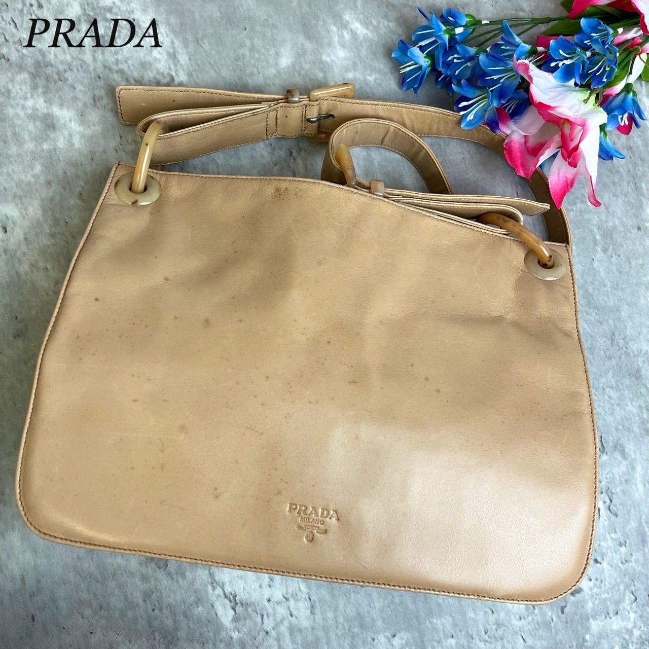 良品】 PRADA プラダ ワンショルダーバッグ トートバッグ 鼈甲 ロゴ型 