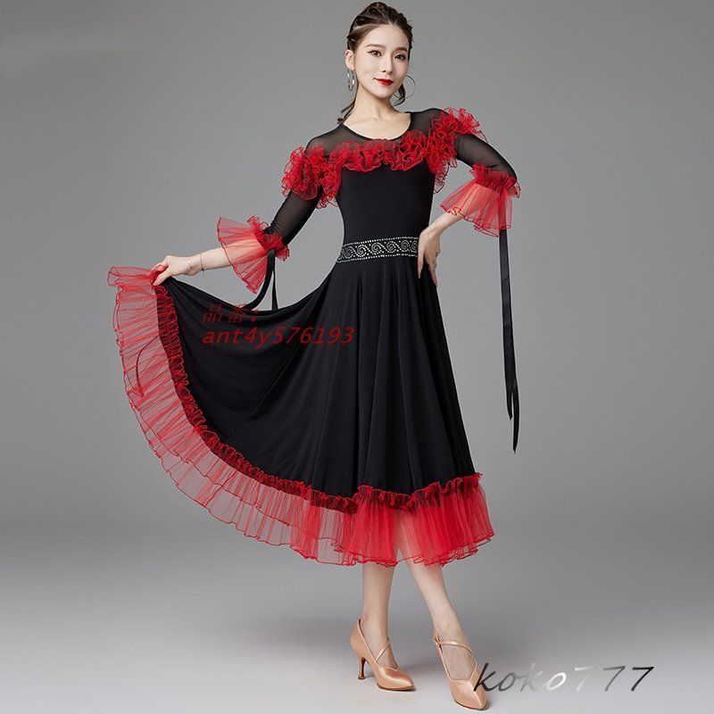 社交ダンスドレス 赤と黒 フリル 社交ダンスドレス 赤と黒 フリル 社交ダンスドレス 黒と赤 フリル付き 社交