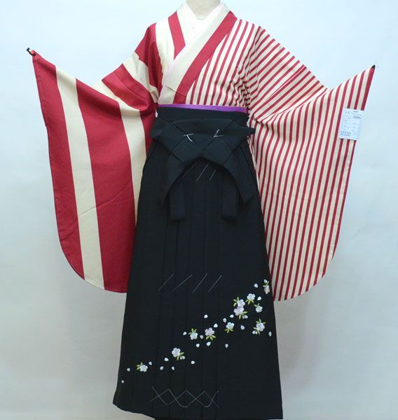 二尺袖 着物 袴フルセット ジュニア用へ直し135cm～150cm 半身仕立て 赤×ベージュ 袴変更可 卒業式 NO32330