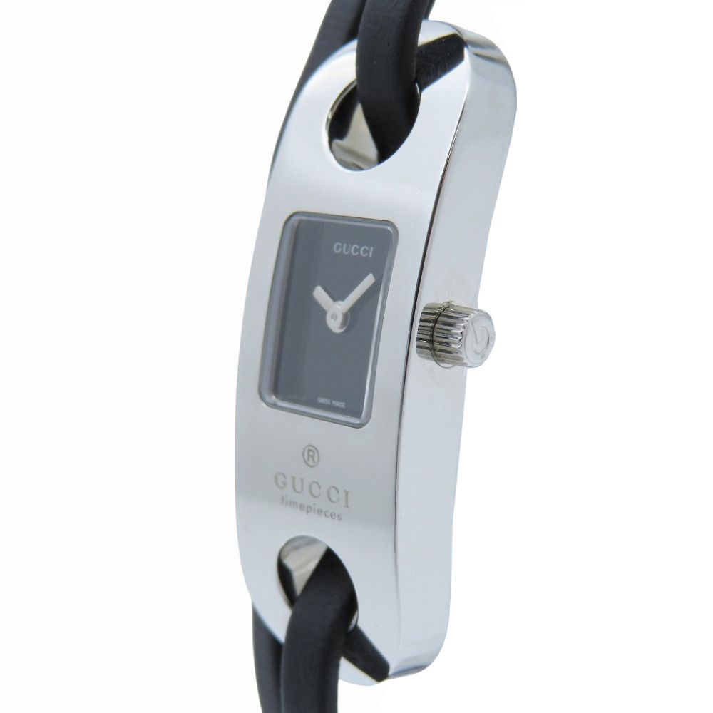 新品同様 グッチ 6100L クオーツ 腕時計 SS/レザー ブラック 黒文字盤