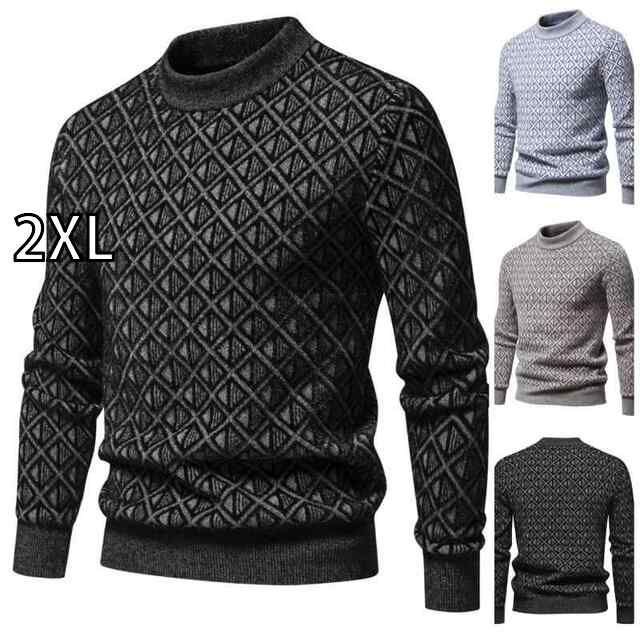 [2XL]秋冬 コーデ メンズ  服 シンプル ファッション オシャレ 大人 かっこいい 大きいサイズ ストリート 紳士服  菱形 プリント スリムフィット 普段着 ニット セーター トップス アウトドア 
