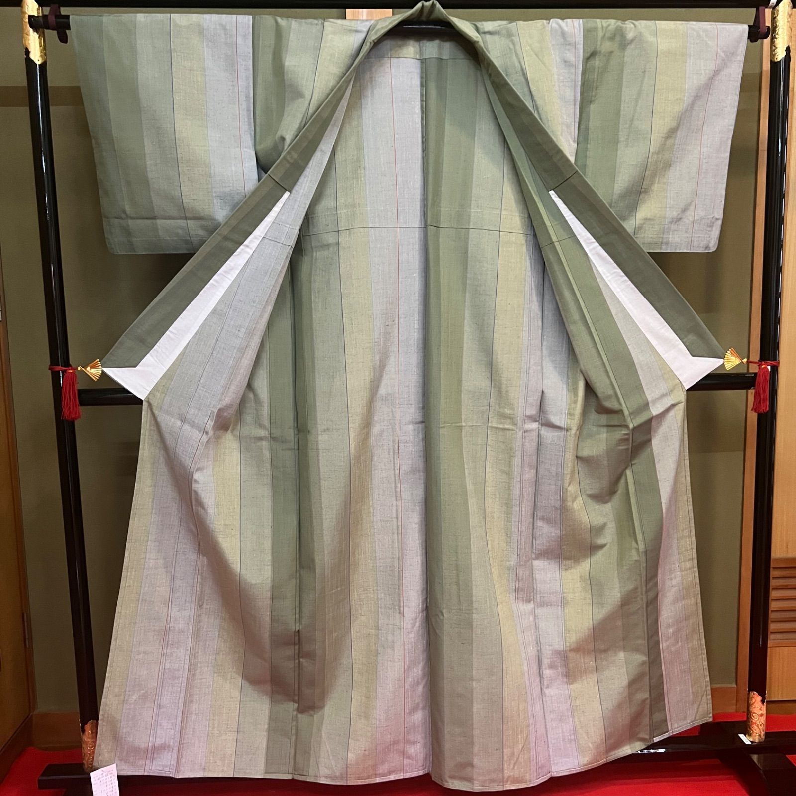 単　紬　ストライプ F192 単衣 紬 黄緑 縞 ストライプ - メルカリ