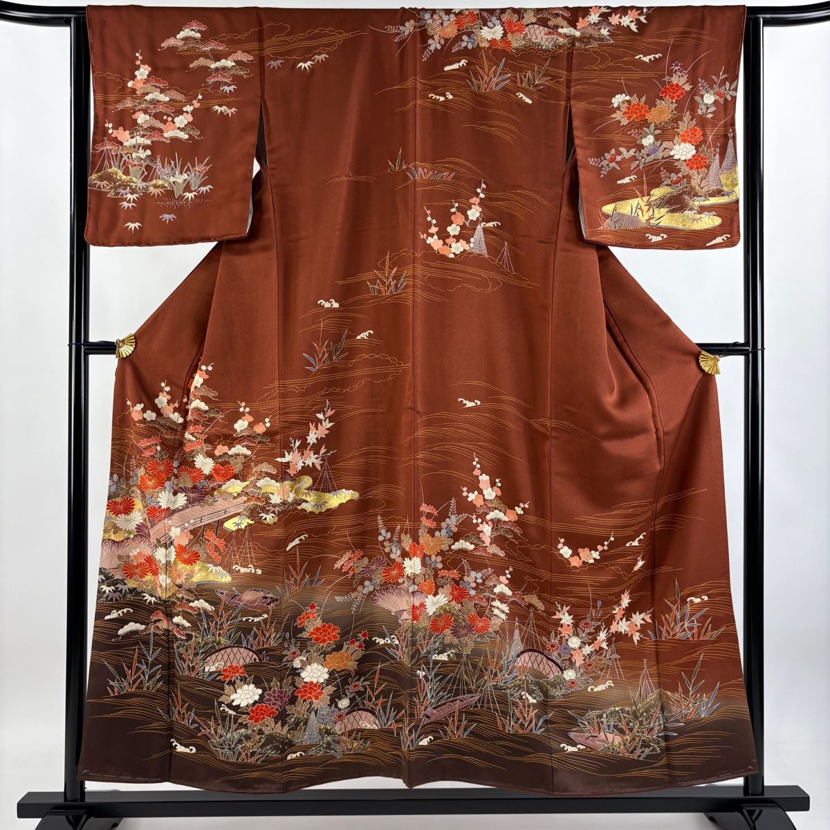 訪問着 身丈153cm 裄丈63.5cm S 袷 橋 草花 刺繍 金彩 赤茶 正絹 秀品