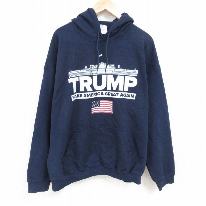 XL/古着 長袖 スウェット パーカー メンズ 00s ドナルドトランプ 大統領 ホワイトハウス 星条旗 大きいサイズ 紺 ネイビー 24oct10 中古 ス