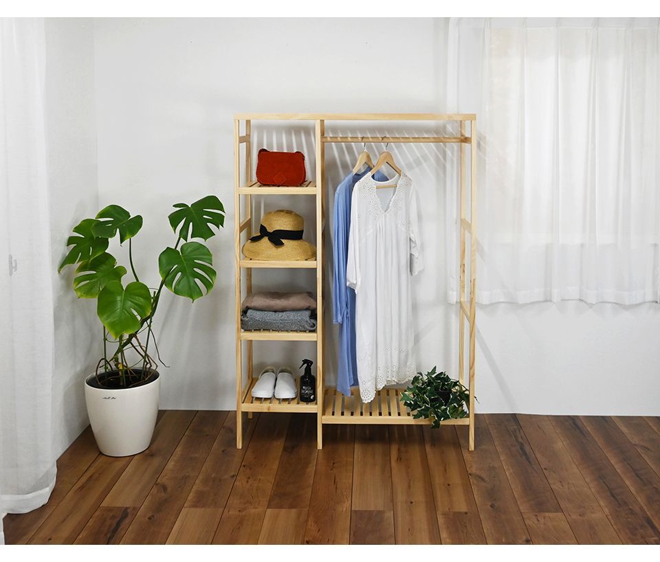 AFC1044094 ハンガーラック 天然木 ハンガー 幅96.5cm 棚付き 大容量