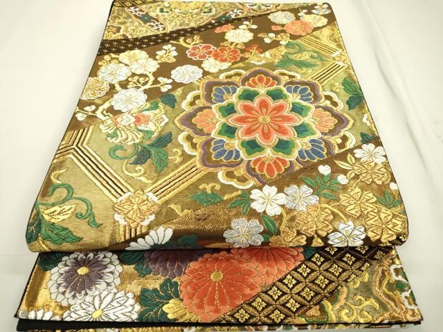 平和屋着物▽六通柄袋帯 唐織 正倉院花文 金銀糸 正絹 逸品