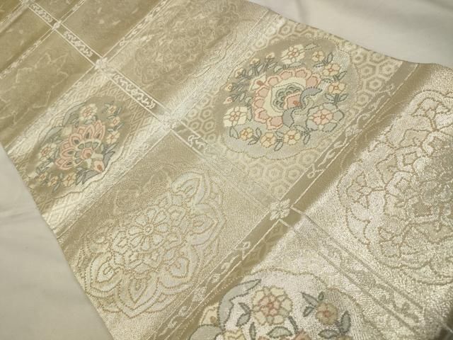 蘇州刺繍 相良刺繍 袋帯 唐花文様 金糸 銀糸 正絹 六通 平和屋着物◎中国三大刺繍 相良刺繍 六通柄袋帯 正倉院更紗花文