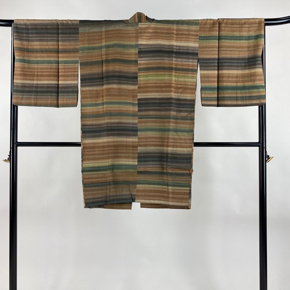 道中着 身丈97cm 裄丈66cm M 和装コート 段縞 茶色 正絹 秀品