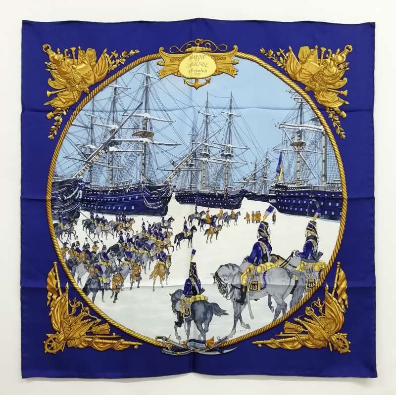 エルメス　スカーフ　海と騎兵隊　LEDOUX 船と騎兵隊　ブラウン エルメス HERMES カレ90 MARINE ET CAVALERIE 海と騎兵隊 シルク