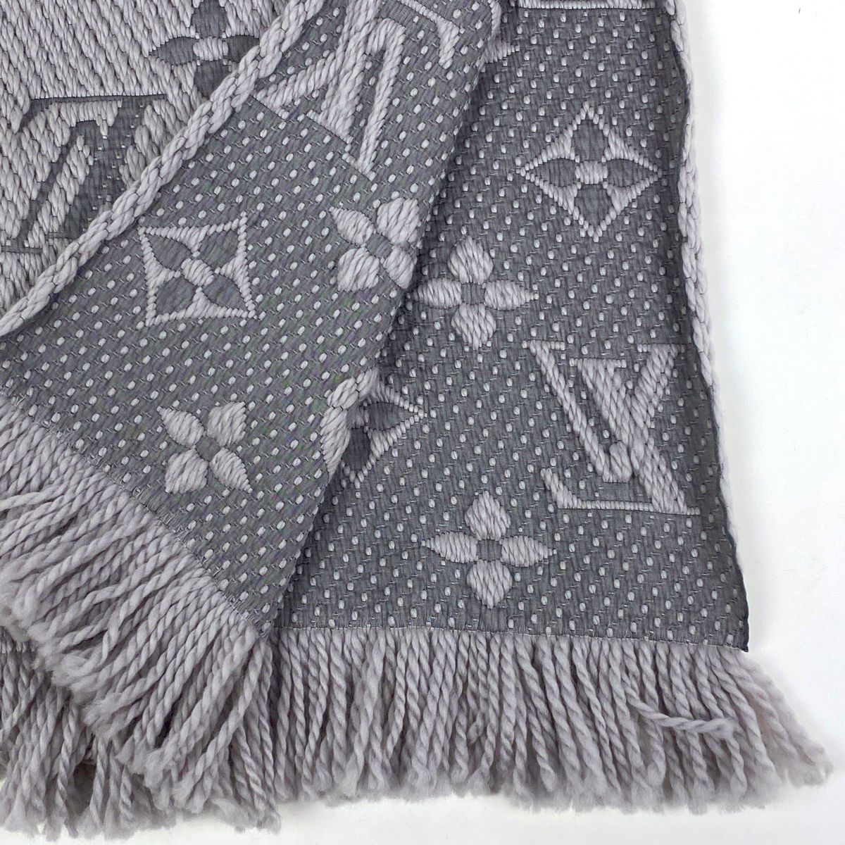 LOUIS VUITTON ルイヴィトン グレー ロゴパターンマフラー フリンジ