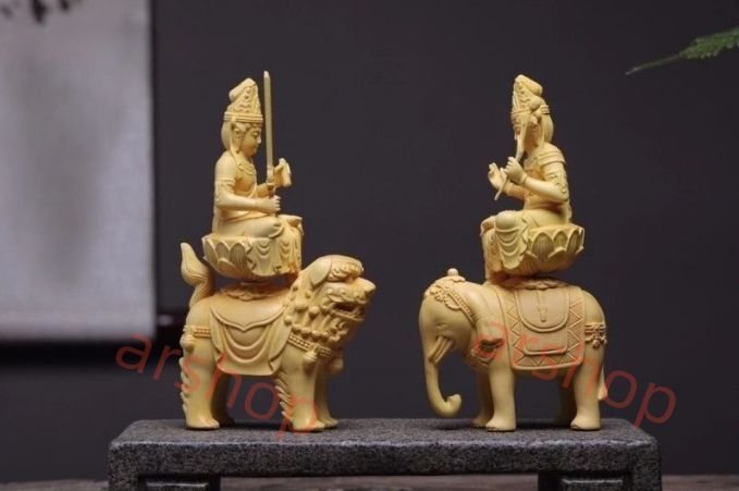 木彫りの仏像【文殊菩薩 ・普賢菩薩】 開運十二干支お守り本尊 風水