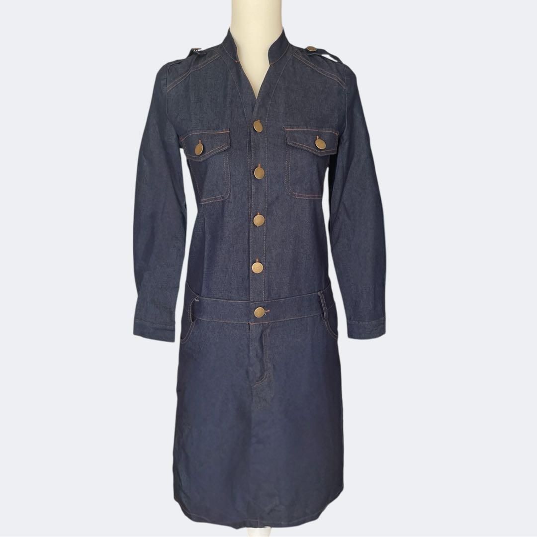  Azbroアザブロ 大人かっこネイビーデニムワンピース 良い美シルエット S 長袖 七分袖 ひざ丈ワンピース
