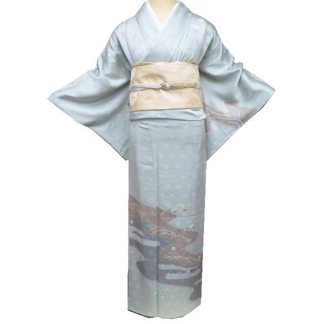 訪問着・付け下げ 白 花柄刺繍 セット 付下げ 付け下げ 訪問着 着物 中古 袷 紋付き 絞り 刺繍 花 波文