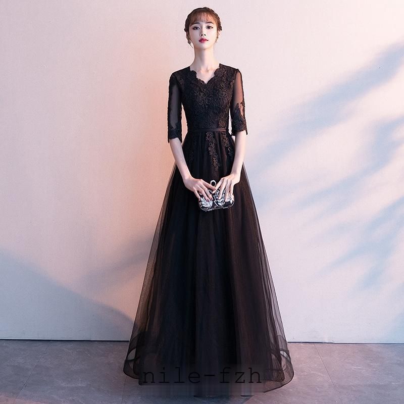 ドレス 大人 ピアノ 発表会 ロングドレス 黒 演奏会 結婚式 母親 ピアノ発表会 袖付き 大きいサイズ レース ミモレ丈 ロング ワンピース ブラック 五分袖 長袖可