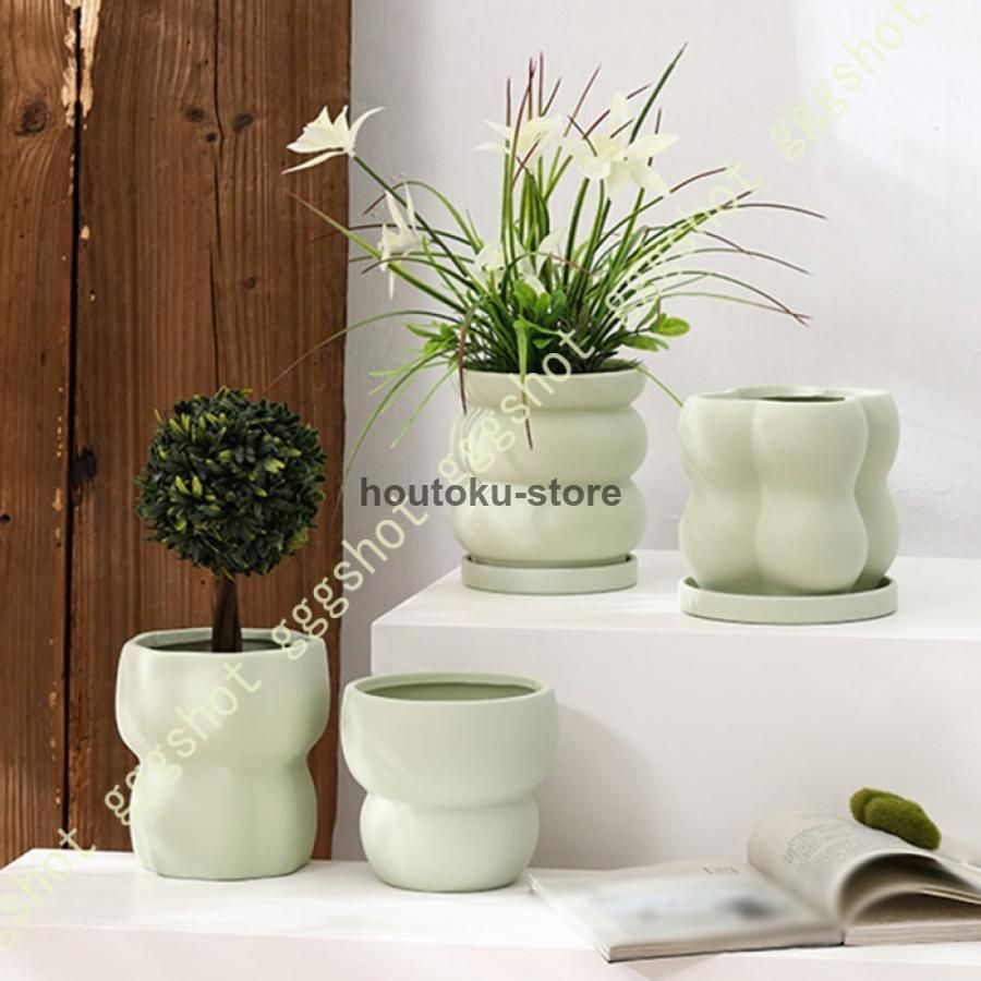 植木鉢 セラミックプランター 複数の形状 14cm 置物 陶器 シンプル 玄関 グリーン 部屋飾り 北欧 受け皿付き バルコニー シンプル 鉢カバー 多肉植物鉢 小型