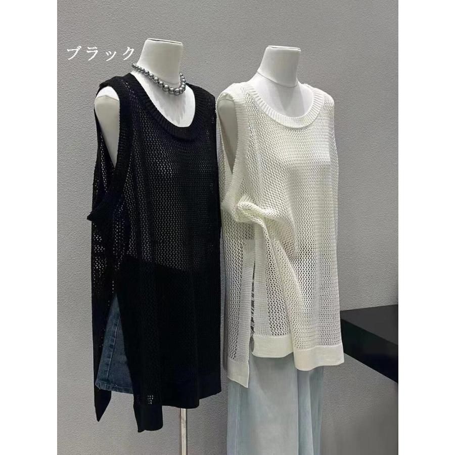 新品　春夏　チュニック　ロングジレ　M　 オーガンジー透かしプリント ジレ ベスト ロング レディース 透かし編み シアー レース