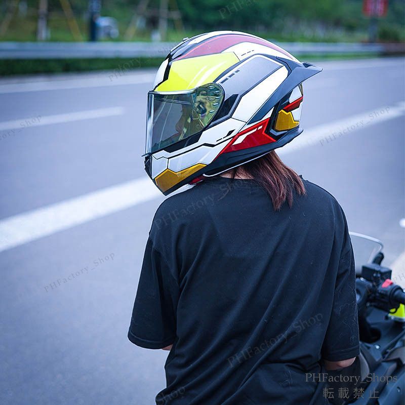 ヘルメット フルフェイスヘルメット バイク DOT承認 バイクヘルメット 耐久性 安全性 通気性 男女兼用 シールド色選択 おしゃれ レッド＆イエロー＆ホワイト A80