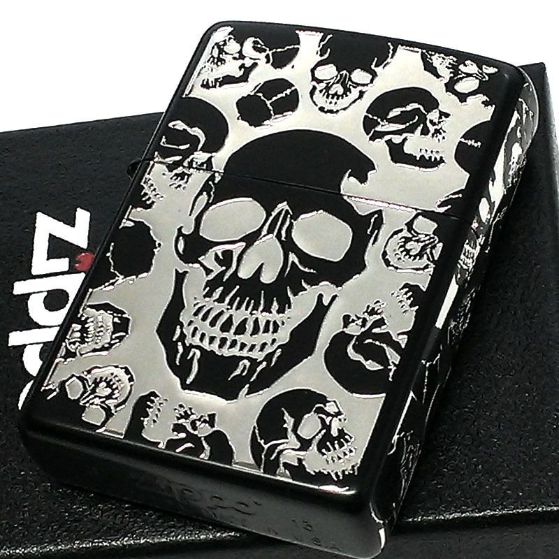 ZIPPO ライター 5面スカル ジッポ マットブラック 骸骨 かっこいい 銀 ...