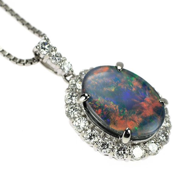 Pt900/ Pt850 ブラックオパール ダイヤモンド ペンダントネックレス  