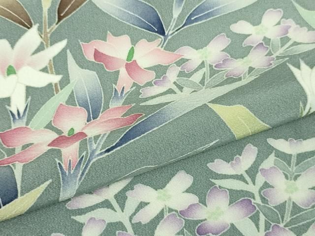 平和屋本店□極上 本加賀友禅作家 田丸幸子 訪問着 枝花文 湊鼠色地  