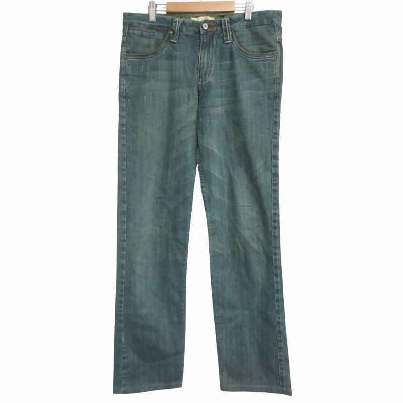 エトロ ETRO デニム ジーンズ ストレート シンチバック ハラコパッチ 青×緑 ブルー×グリーン W32 約Lサイズ IBO64