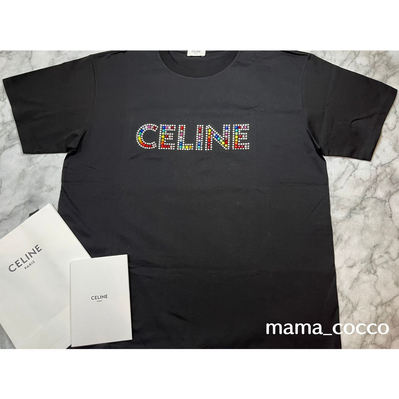 【新品タグ付き✨️CELINE】 セリーヌ ラインストーン付き Tシャツ S CELINE｜セリーヌ ラインストーンロゴ Tシャツ - メルカリ