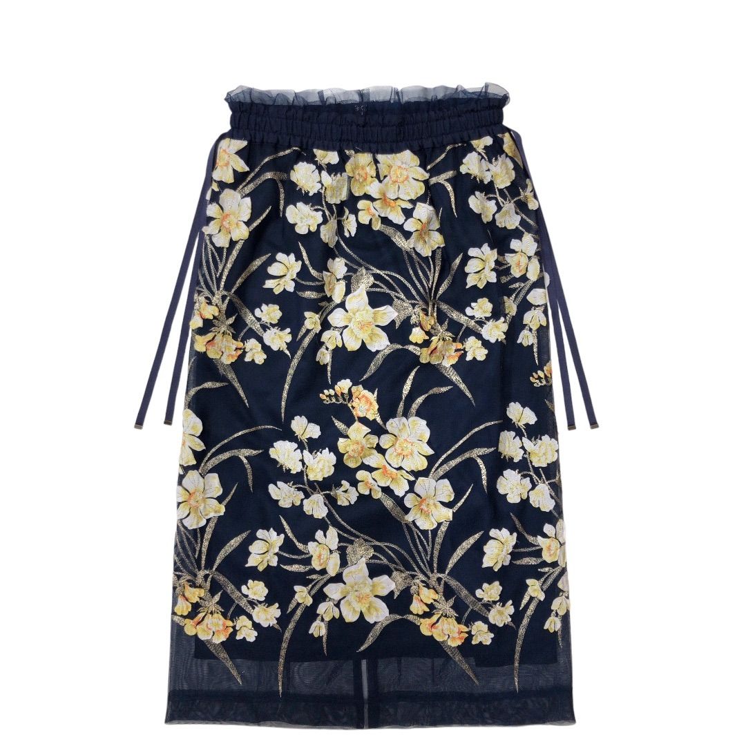 リリーブラウン 花柄 刺繍 スカート ネイビー - ひざ丈スカート