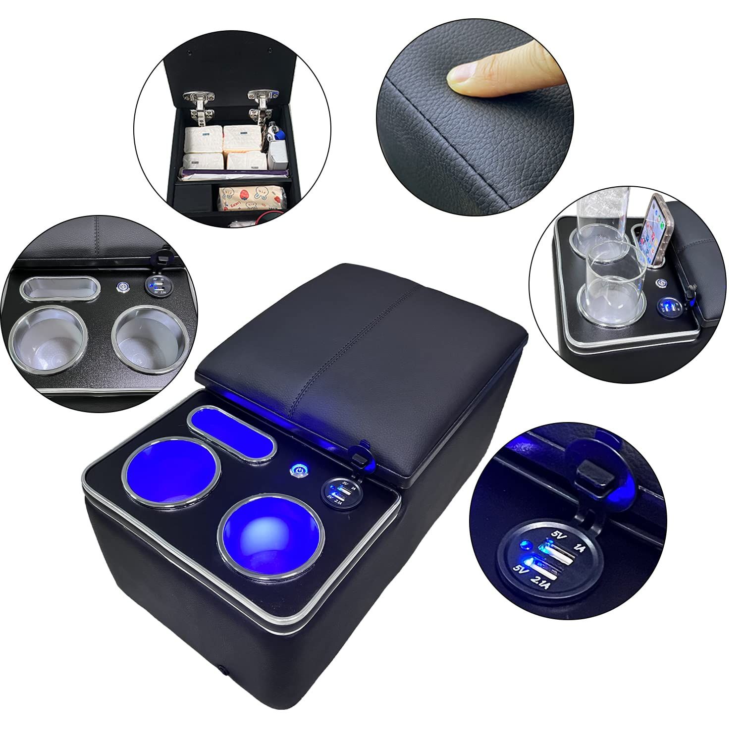 SGALUPA ホンダに適用 リアコンソールボックス トヨタに適用リアコンソールボックス 5人乗り車用 汎用 後部座席 アームレス ドリンクホルダー リア席やベンチシート用の肘掛け兼小物入れ車内収納 ブラック