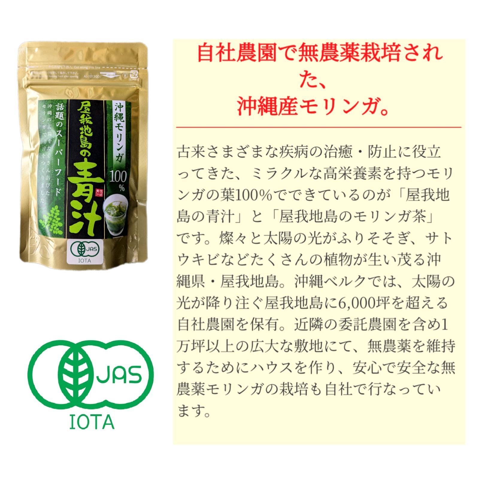有機 沖縄モリンガ100% 屋我地島の青汁 粉末50g×4袋 無農薬栽培 JAS