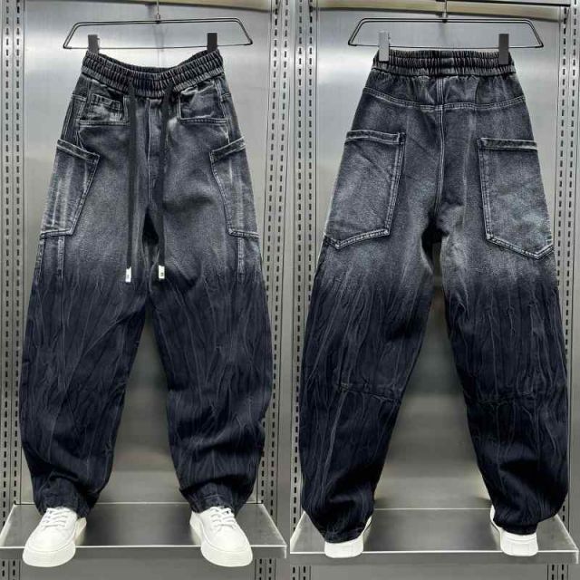 秋冬 コーデ メンズ  服 シンプル ファッション オシャレ 大人 かっこいい 大きいサイズ ストリート 紳士服  アメリカン ビッグ ポケット ジーンズ グラデーション ストレート パンツ ゆった