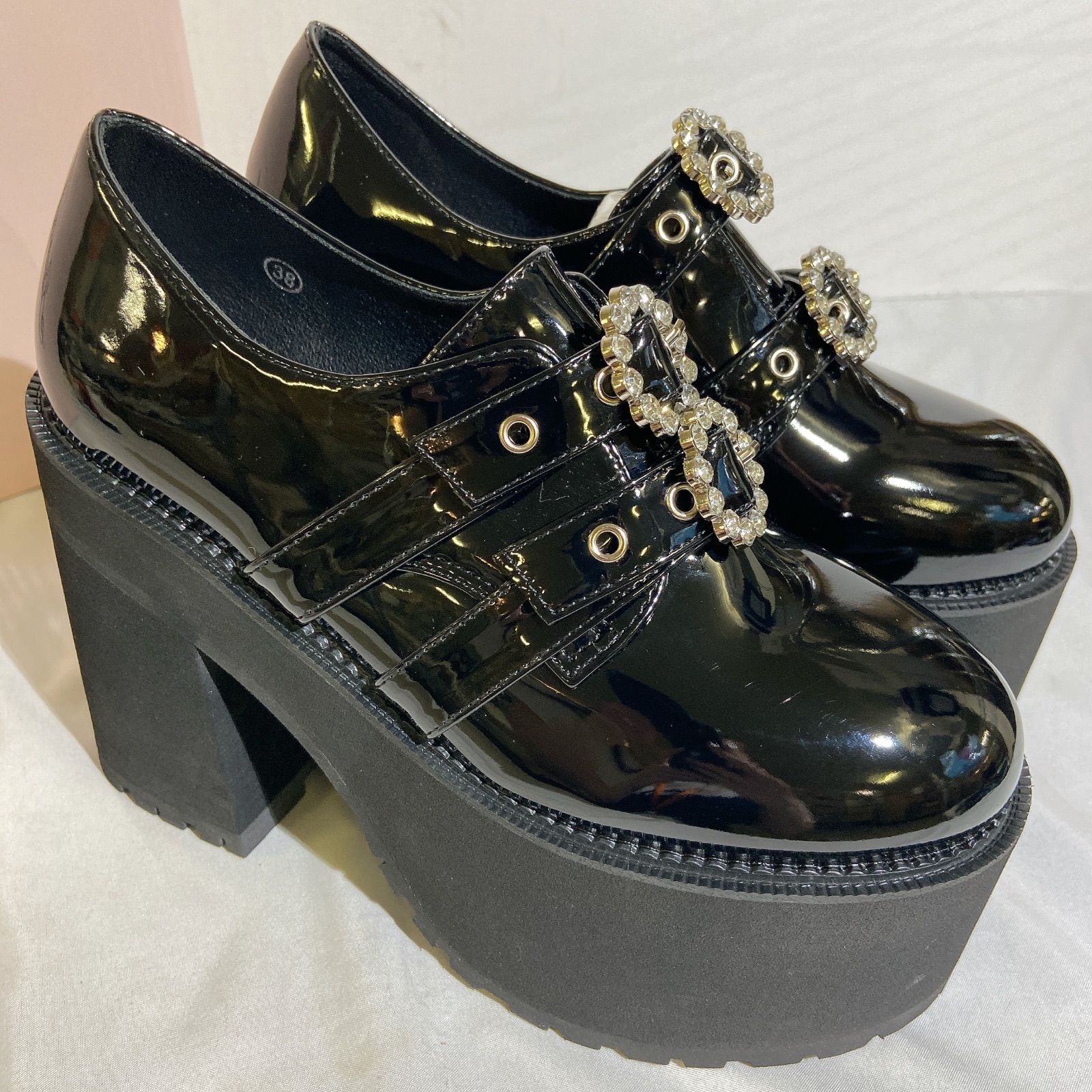 未使用品】【BUBBLES】ダブルバックル厚底シューズ ブラック 38サイズ 