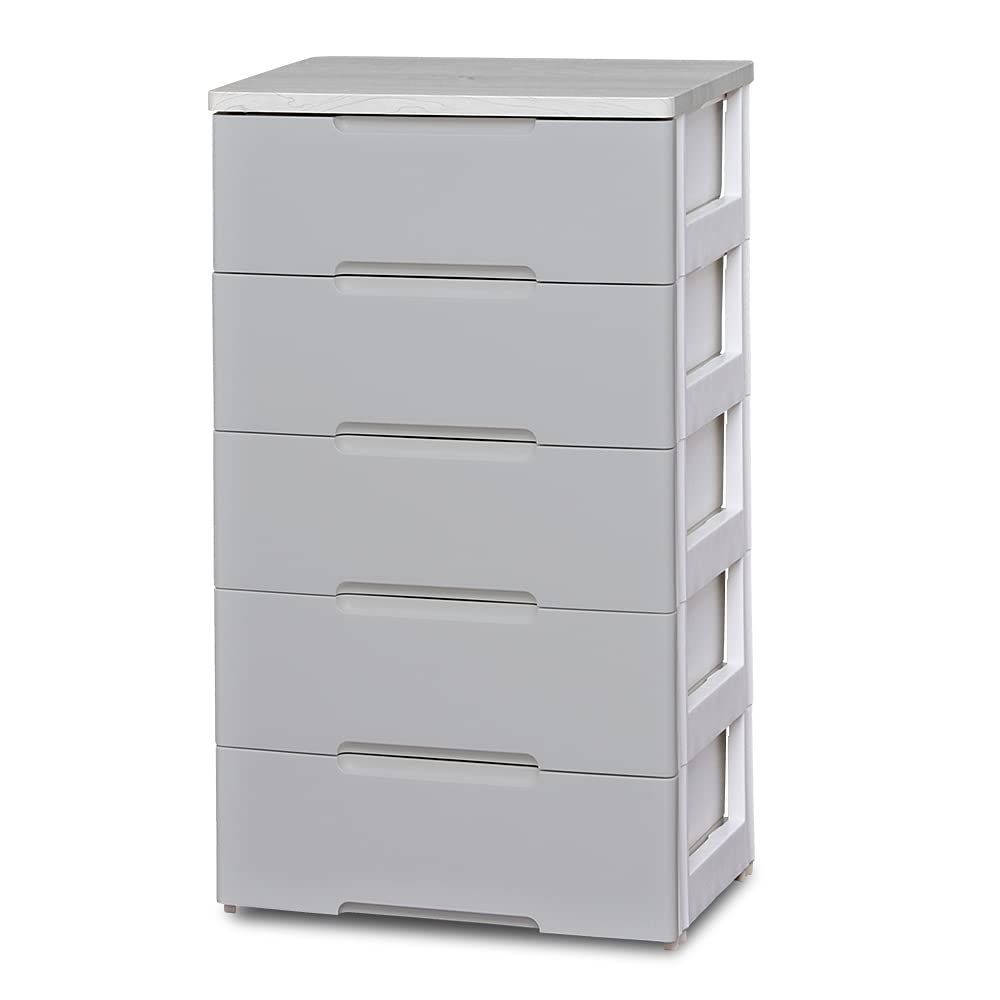 アイリスオーヤマ チェスト 5段 届いてすぐ使える完成品 木天板 プラスチック 収納ケース 幅56×奥行41.5×高さ100cm 引き出し ウッドトップチェスト HG-555R スモーキーグレー|ホワイト 組立不要