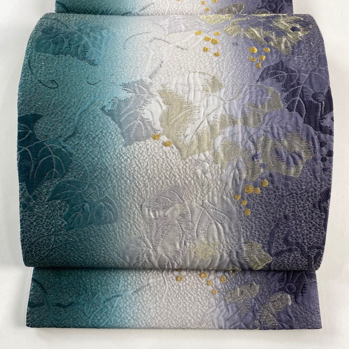 袋帯 葉と実 金銀糸 灰紫 六通 正絹
