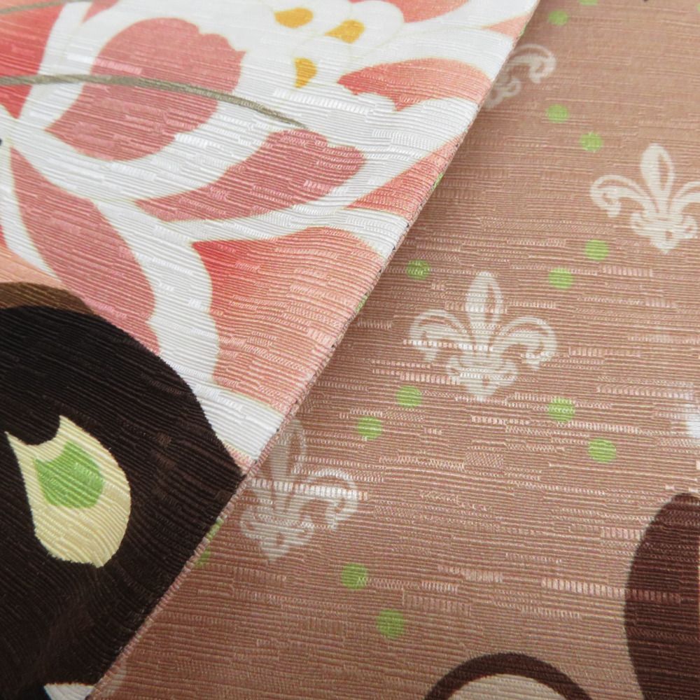 半幅帯 正絹 リバーシブル 黒ｘライトブラウンｘピンク 花模様ｘフルール・ド・リス模様 浴衣帯 小袋帯 半巾帯 仕立て上がり 長さ420cm 【キモノオフ野々市若松店】 半幅帯 正絹 リバーシブル 黒xライトブラウンxピンク 花模様x