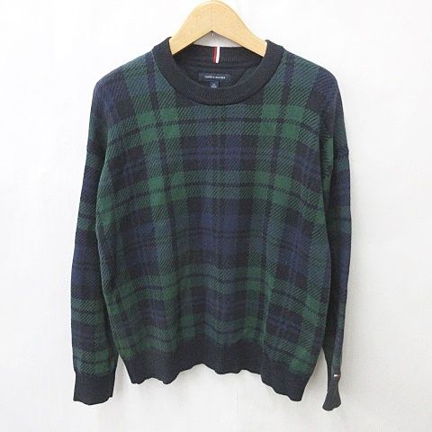 トミーヒルフィガー TOMMY HILFIGER ニット セーター 長袖 丸首 チェック 綿 グリーン ネイビー 緑 紺 L/G