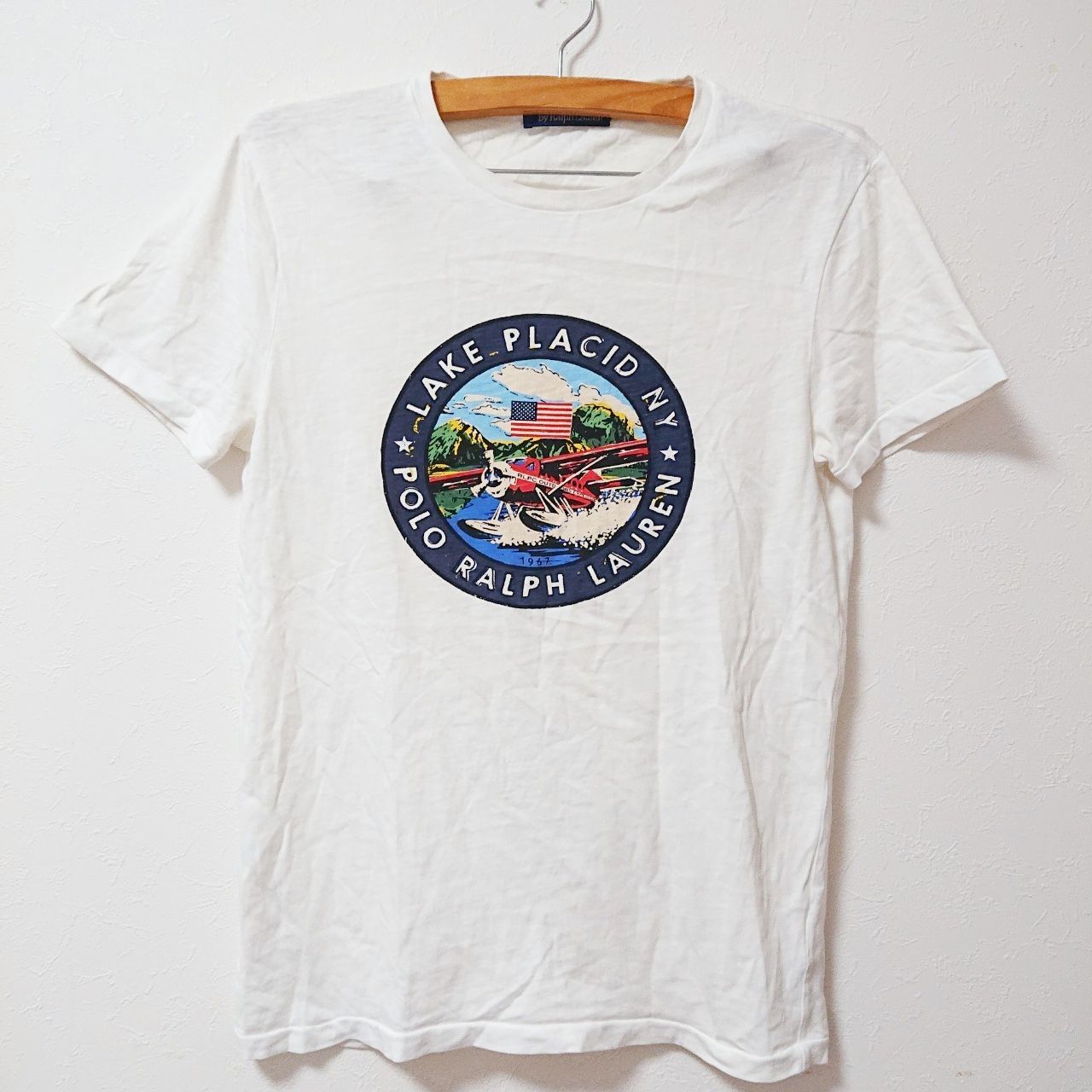 (^w^)b POLObyRALPHLAUREN ポロラルフローレン 半袖Tシャツ プリントT ブランドロゴ 飛行機 アメリカ国旗 アメカジ  カジュアル シンプル オシャレ 小さいサイズ 小さめ ホワイト メンズ サイズSP