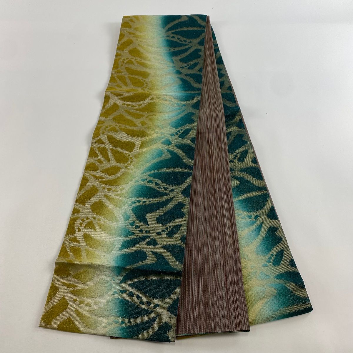 幾何学模様 袋帯 袋帯 美品 秀品 幾何学 縞 金糸 灰白 全通 正絹 【中古】 （袋帯